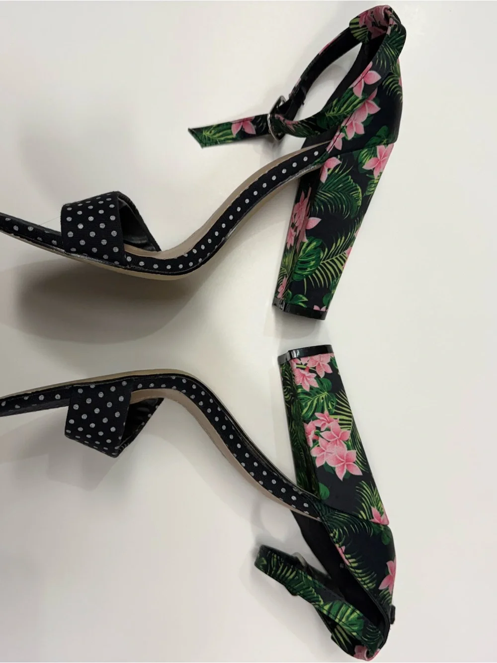 Lena Black Polka Dot & Floral Ankle Strap Heels